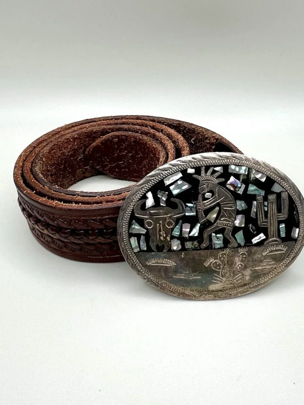 VTG Mexican Alpaca Silver Kokopelli Abalone Tooled Leather Belt Western 34”